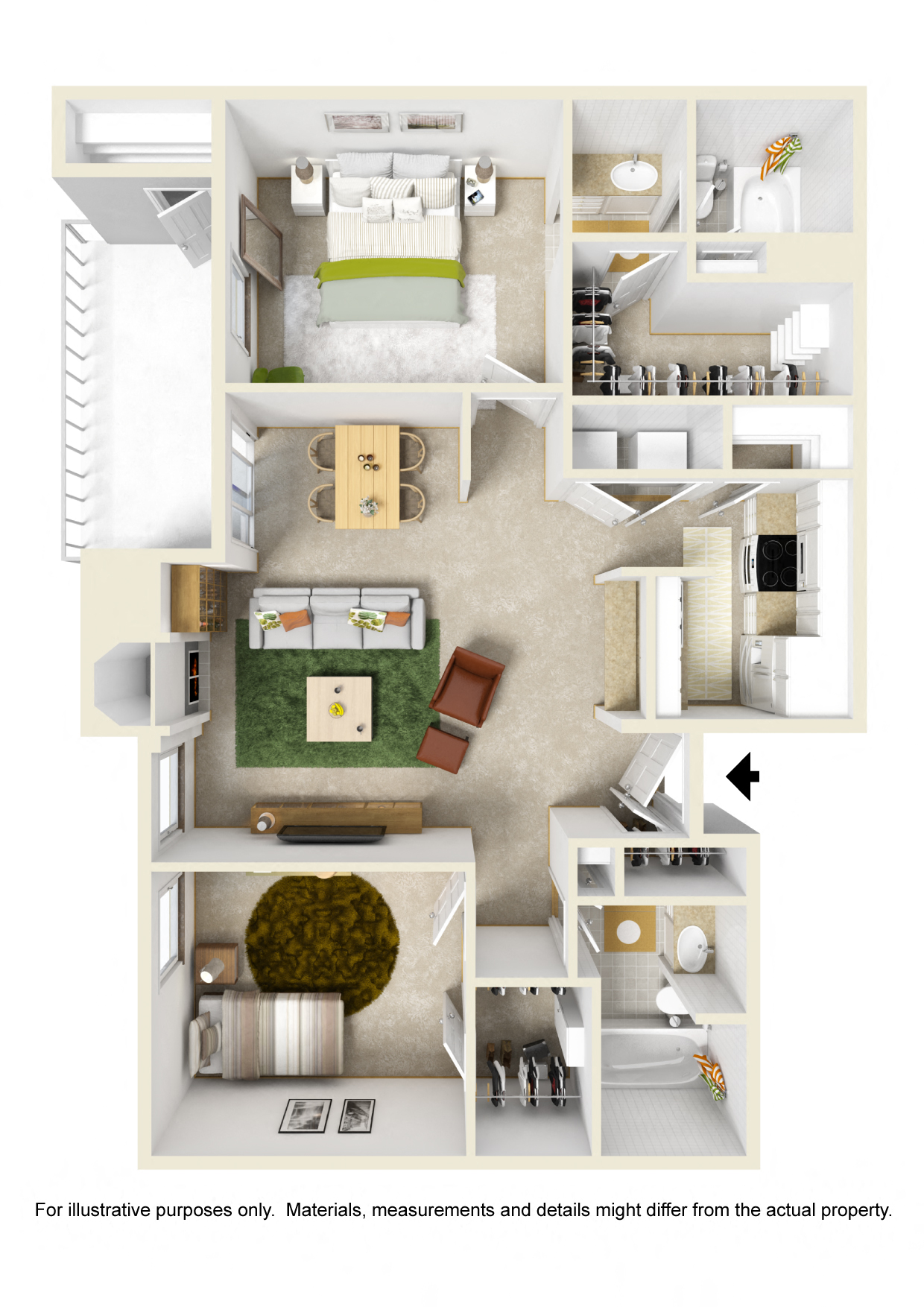 Floor plan for 2 beds, 2 baths, 943 sqft